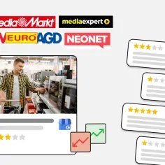 Porównanie ocen ekspertów i opinii użytkowników w serwisach. Widoczne loga sklepów Media Markt, Media Expert, RTV Euro AGD, Neonet.