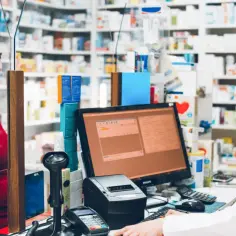 Klientka w aptece pyta o przyczyny różnic w cenach tych samych leków. Farmaceutka przy ladzie z komputerem i terminalem płatniczym.