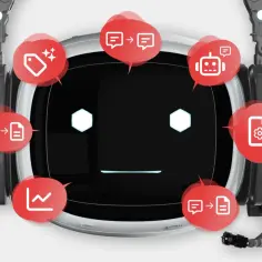 Robot z ikonami: tagi, czat, bot, dokumenty, wykresy, transkrypcja mowy. Takie technologie AI wspierają dzisiaj handel i obsługę klienta.