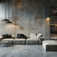 Nowoczesny salon w stylu loftowym z betonową ścianą, wygodną kanapą i stolikiem. To przyczyny popularności stylu loftowego w mieszkaniach w bloku.