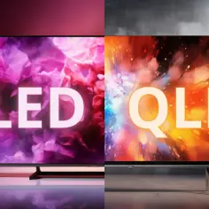Porównanie telewizorów OLED i QLED: która technologia wybrać? Obraz przedstawia dwa telewizory, jeden z napisem OLED i fioletowymi chmurami, drugi z napisem QLED i kolorowym wybuchem.