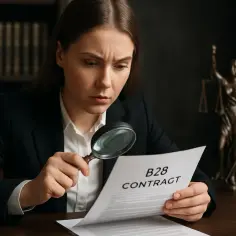 Kobieta analizuje umowę B2B przez lupę, szukając najczęstszych błędów w umowach handlowych.
