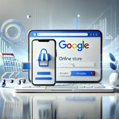 Grafika przedstawia laptop z ekranem Google, telefonem i wózkiem sklepowym, symbolizując reklamę online. W tle wykresy i napisy "Google Ads" sugerują analizę i potencjalne objawy manipulacji w rankingach typu płatny artykuł sponsorowany.