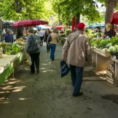 Ludzie spacerują między straganami z warzywami na targu.