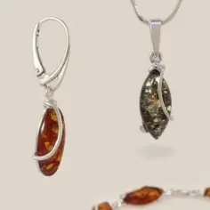 Elegancka biżuteria z bursztynu: kolczyki i wisiorki, idealny prezent na 60 urodziny dla kobiety.