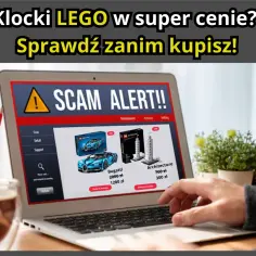 Jak rozpoznać podróbki klocków LEGO na aukcjach internetowych? Laptop z ostrzeżeniem "SCAM ALERT!!" i ofertami zestawów.