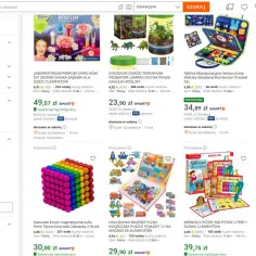 Strona Allegro z zabawkami, gdzie można sprawdzić, czy darmowa dostawa przy zakupach online zawsze się opłaca.