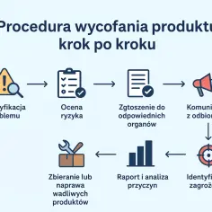 Schemat procedury wycofywania produktów z handlu: identyfikacja problemu, ocena ryzyka, zgłoszenie do organów, komunikacja z odbiorcami, identyfikacja zagrożenia, raport i analiza przyczyn, zbieranie lub naprawa wadliwych produktów. Chroni prawa klienta.