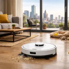 Robot sprzątający z funkcją aktywnego mopowania zbiera okruchy, ułatwiając utrzymanie czystości w nowoczesnym salonie z widokiem na miasto.