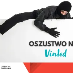 Złodziej w masce na białym tle. Napis "Oszustwo na Vinted". Jak rozpoznać objawy oszustwa na portalach ogłoszeniowych i nie dać się nabrać.