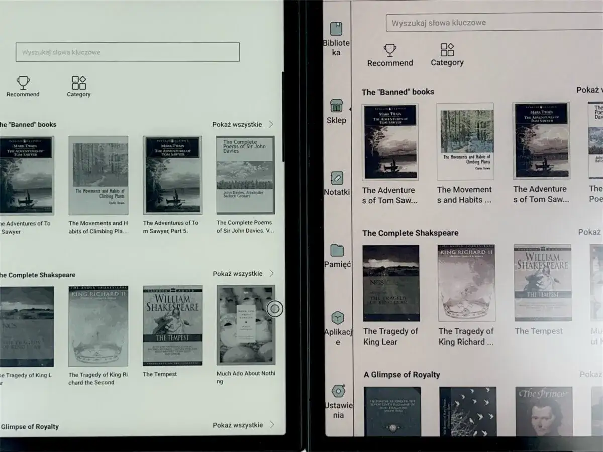 Porównanie interfejsów czytnika e-booków i tabletu, pokazujące różnicę między czytnikiem e-booków a tabletem jako prezentem.