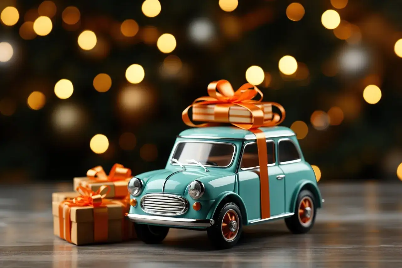 Jak wybrać prezent dla fana motoryzacji? Może przejażdżka lub akcesoria? Mini auto z prezentami sugeruje idealny podarunek.