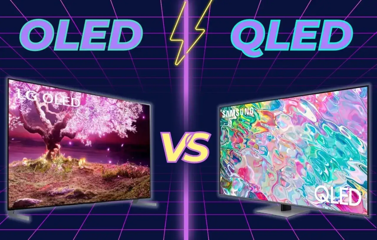 Porównanie telewizorów OLED i QLED: która technologia wybrać? Obok siebie dwa ekrany: LG OLED z kwitnącym drzewem i Samsung QLED z abstrakcyjnym wzorem.