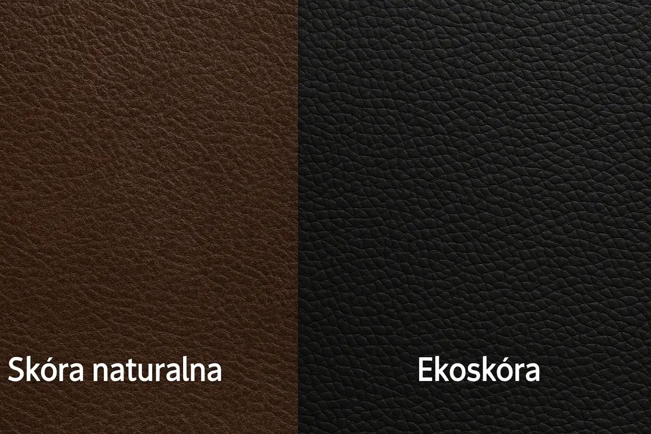 Porównanie faktury skóry naturalnej (brązowa) i ekoskóry (czarna) – jak odróżnić skórzane buty od syntetycznych zamienników.