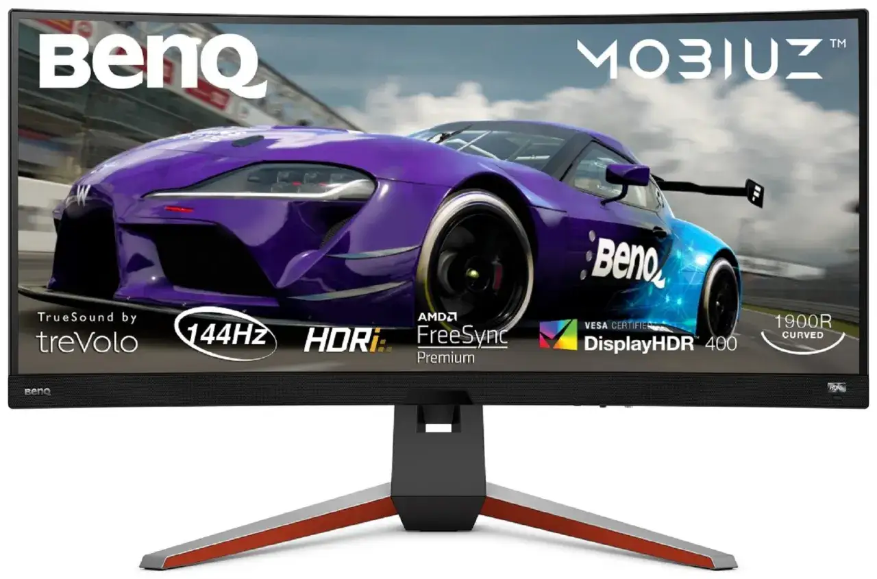 Ranking monitorów do gier 144Hz: płynność obrazu vs cena. Zakrzywiony ekran BenQ MOBIUZ z fioletowym samochodem wyścigowym, HDR, FreeSync.