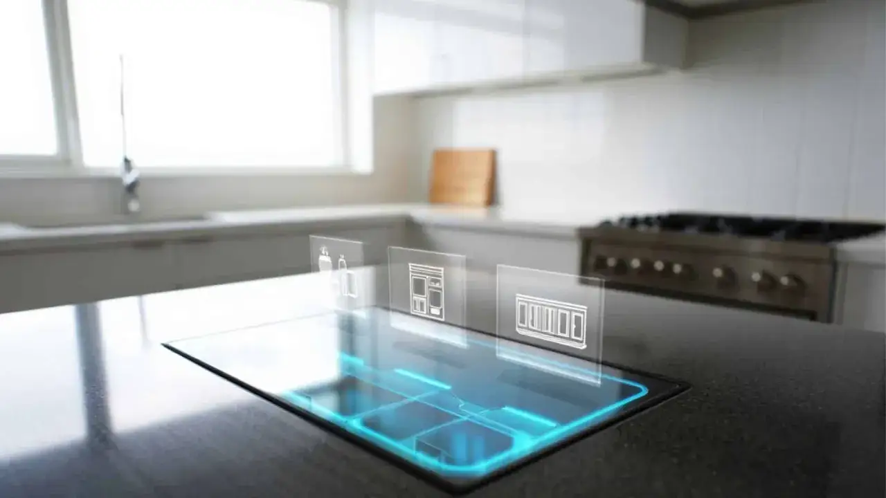 Nowoczesna kuchnia z interfejsem dotykowym, który podpowiada, czy warto inwestować w inteligentne gadżety do kuchni smart home.