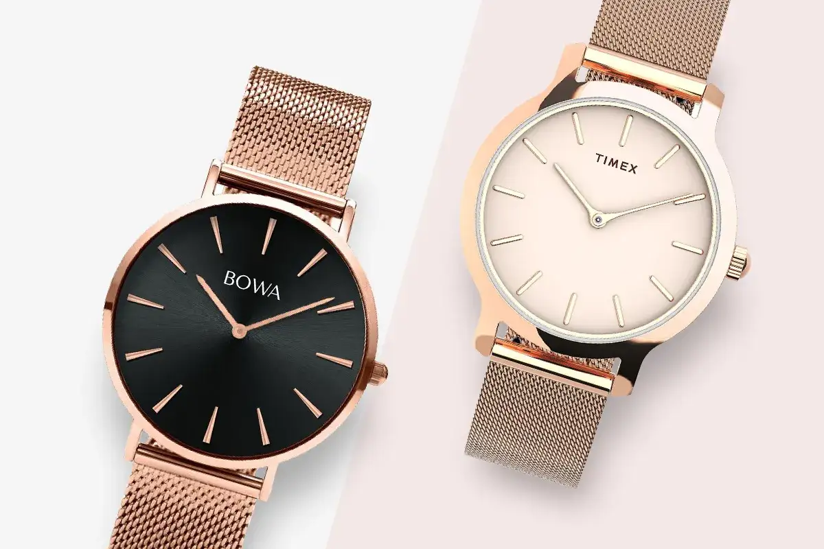 Eleganckie zegarki BOWA i Timex w kolorze różowego złota. Idealne co na 18 urodziny dla chrześniaka, symbolizujące nowy etap życia.