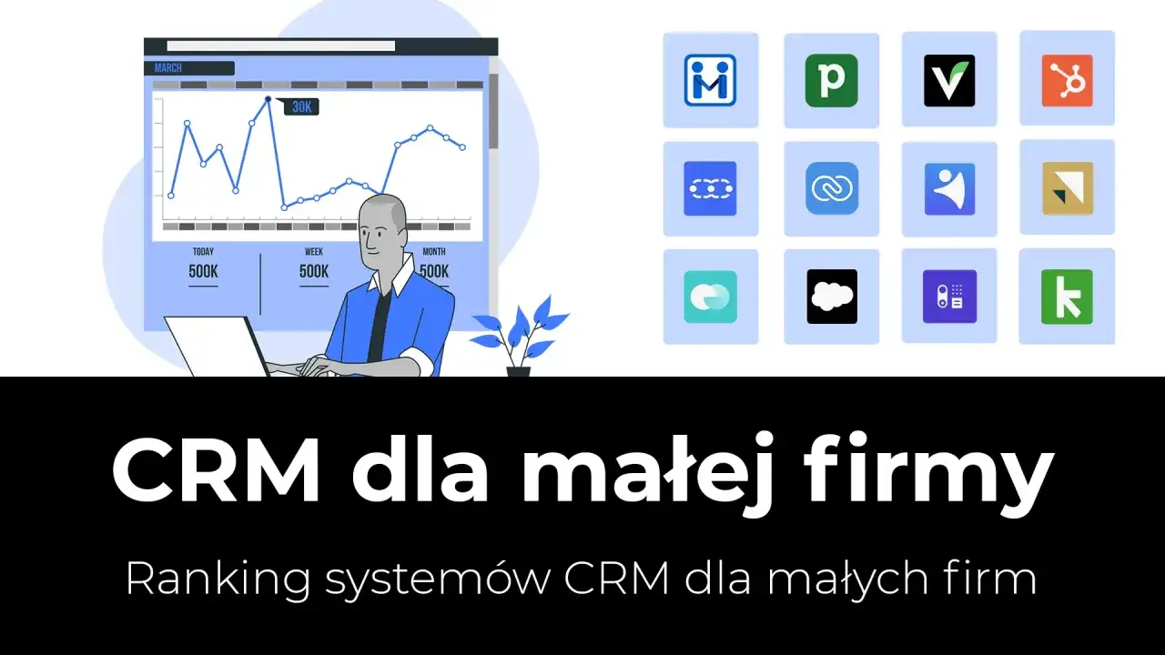 Wybór narzędzi CRM do wsparcia handlu w małej firmie. Grafika przedstawia analizę danych i ikony popularnych systemów CRM.