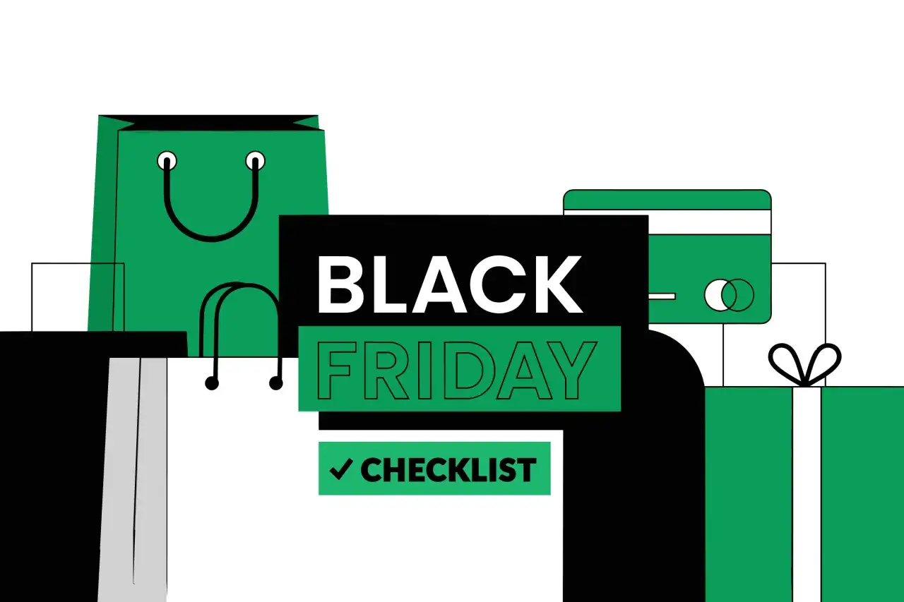 Jak przygotować strategię handlową na Black Friday i sezon świąteczny? Zielone torby, prezent i karta płatnicza symbolizują udane zakupy.