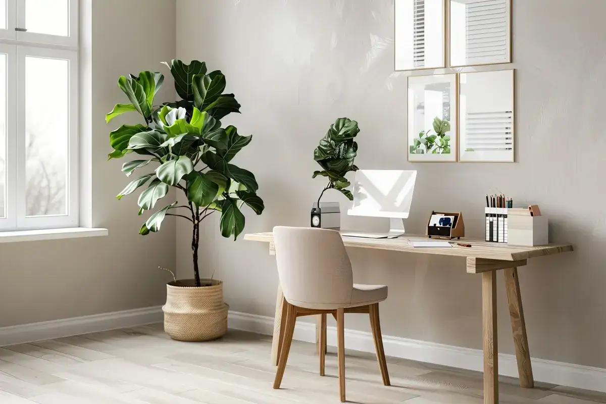 Inspiracje Pinterest: jak urządzić domowe biuro w małym mieszkaniu. Jasne biurko, krzesło, duża roślina i komputer tworzą przytulną przestrzeń do pracy.