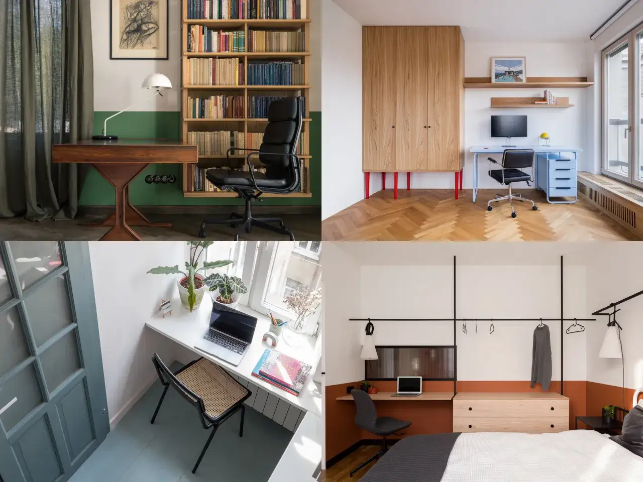 Inspiracje Pinterest: jak urządzić domowe biuro w małym mieszkaniu. Różne aranżacje z biurkami, regałami i wygodnymi fotelami.