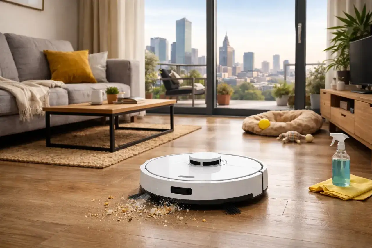Ranking robotów sprzątających z funkcją aktywnego mopowania. Biały robot odkurza okruchy na drewnianej podłodze w nowoczesnym salonie.