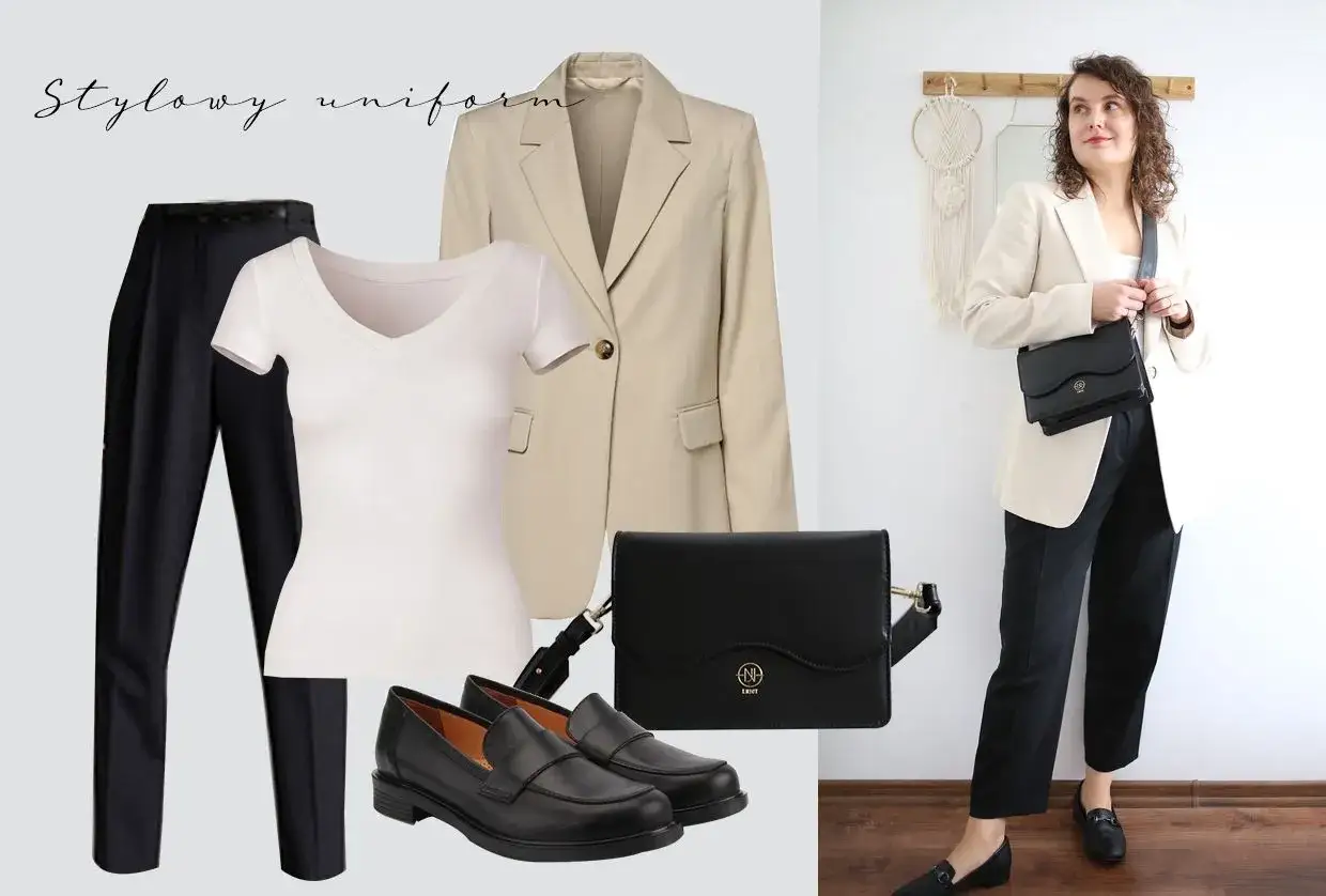 Stylowy uniform: jak stworzyć kapsułową garderobę na wiosnę lista zakupów basic. Elegancki beżowy żakiet, biały t-shirt, czarne spodnie, mokasyny i torebka.