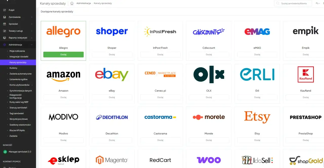 Jak zacząć handel na Amazon i Allegro? Poradnik dla nowych firm. Widok panelu administracyjnego z dostępnymi kanałami sprzedaży: Allegro, Shopper, Amazon, eBay i inne.