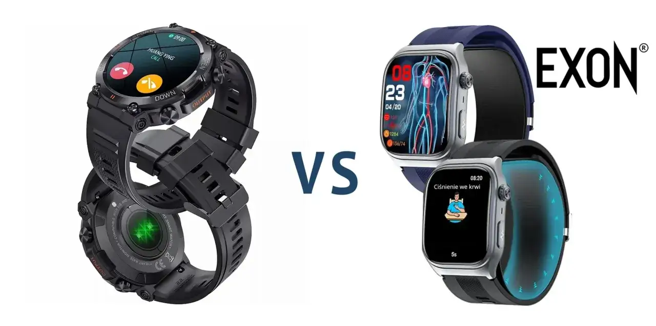 Czarny smartwatch z funkcją dzwonienia vs. srebrne zegarki EXON z pomiarem ciśnienia krwi. Różnica między produktem outletowym a produktem powystawowym.