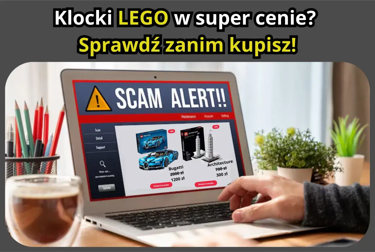 Jak rozpoznać podróbki klocków LEGO na aukcjach internetowych? Laptop z ostrzeżeniem 