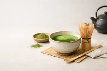 Zestaw do parzenia matcha: miseczka z zielonym napojem, bambusowa miotełka (chasen), łyżeczka (chashaku) i proszek matcha. Idealny, by skompletować zestaw do parzenia herbaty matcha w domu.