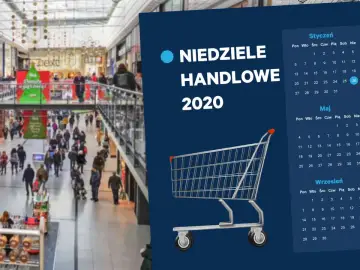 Czy warto kupować sprzęt RTV w niedziele niehandlowe? Promocje w galeriach handlowych w 2020 roku. Wózek sklepowy na tle kalendarza.