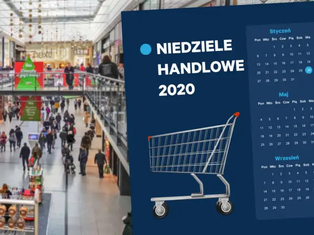 Czy warto kupować sprzęt RTV w niedziele niehandlowe? Promocje w galeriach handlowych w 2020 roku. Wózek sklepowy na tle kalendarza.