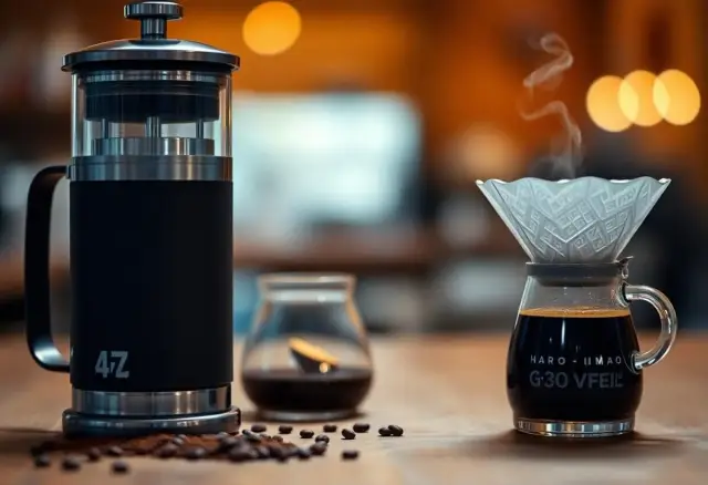 Zestaw do parzenia kawy (French Press) i dripper z kawą. Idealny prezent dla miłośnika kawy, pokazujący różnicę między metodami.